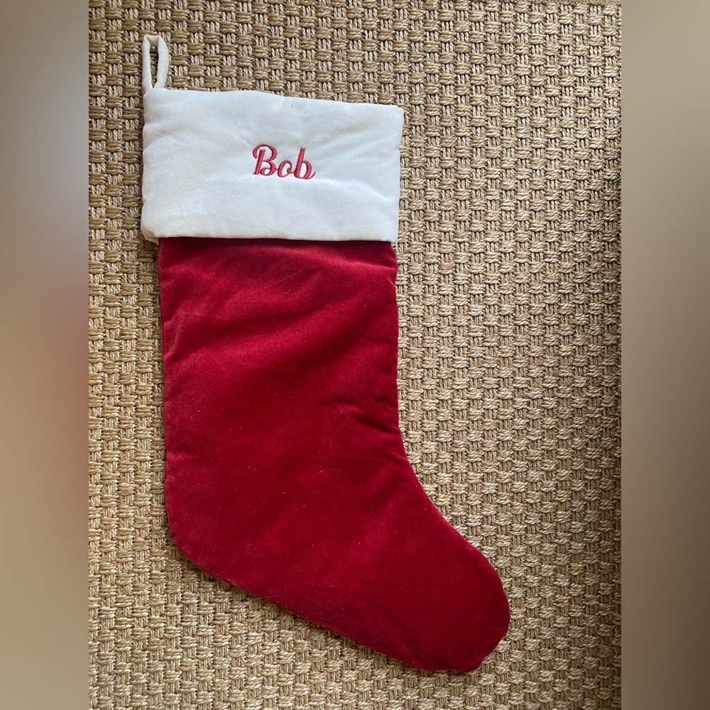 Pottery Barn Classic Velvet Stocking, embroidered with name ‘Bob’